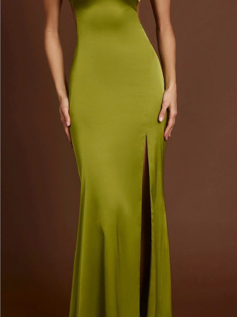 Oh Polly Olive Green Satin Scoop Neck Maxi Dress with Thigh Slit - Picture 5 of 6